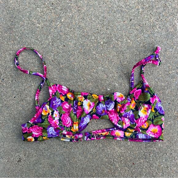 Vintage Floral Bikini Bra 36B Balconette Underwire Fuchsia Floral Sun Streak - Picture 1 of 6